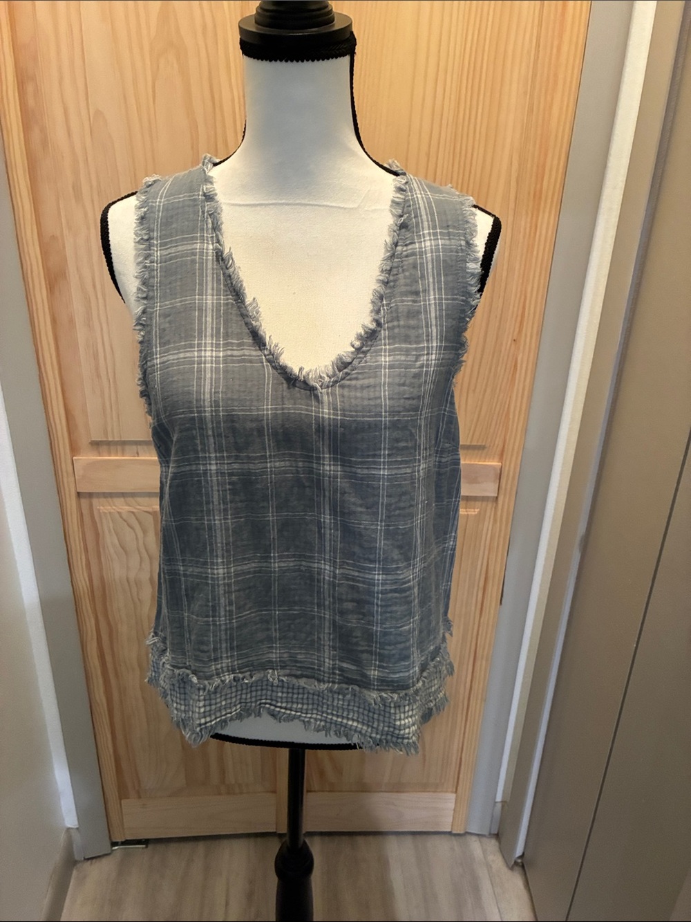 Hem & Thread Frayed V-Neck Plaid Tank - Light Greenish Gray
